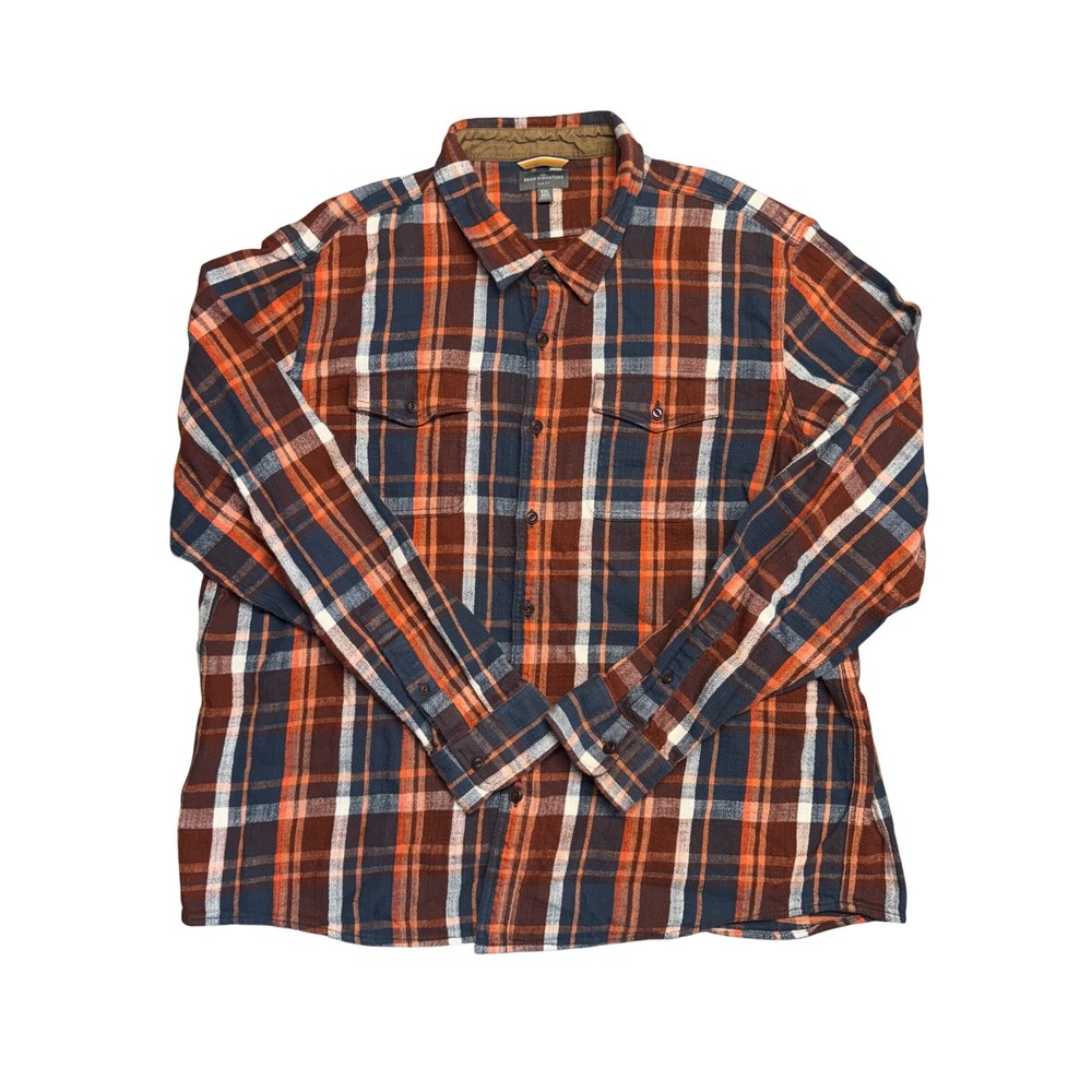 LL Bean Signature Mens XXL Slim Fit Flannel Shirt Orange Blue Plaid Button Down